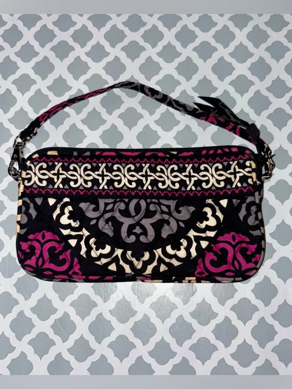 Vera Bradley Black, Pink & Cream Patterned Quilted Wristlet